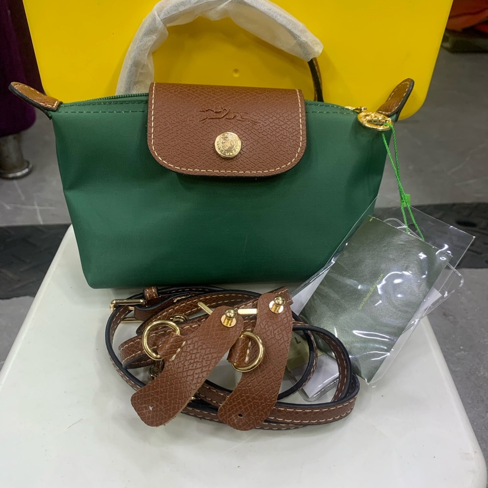 Longchamp Small Green Nylon Tote with Brown Leather Trim
